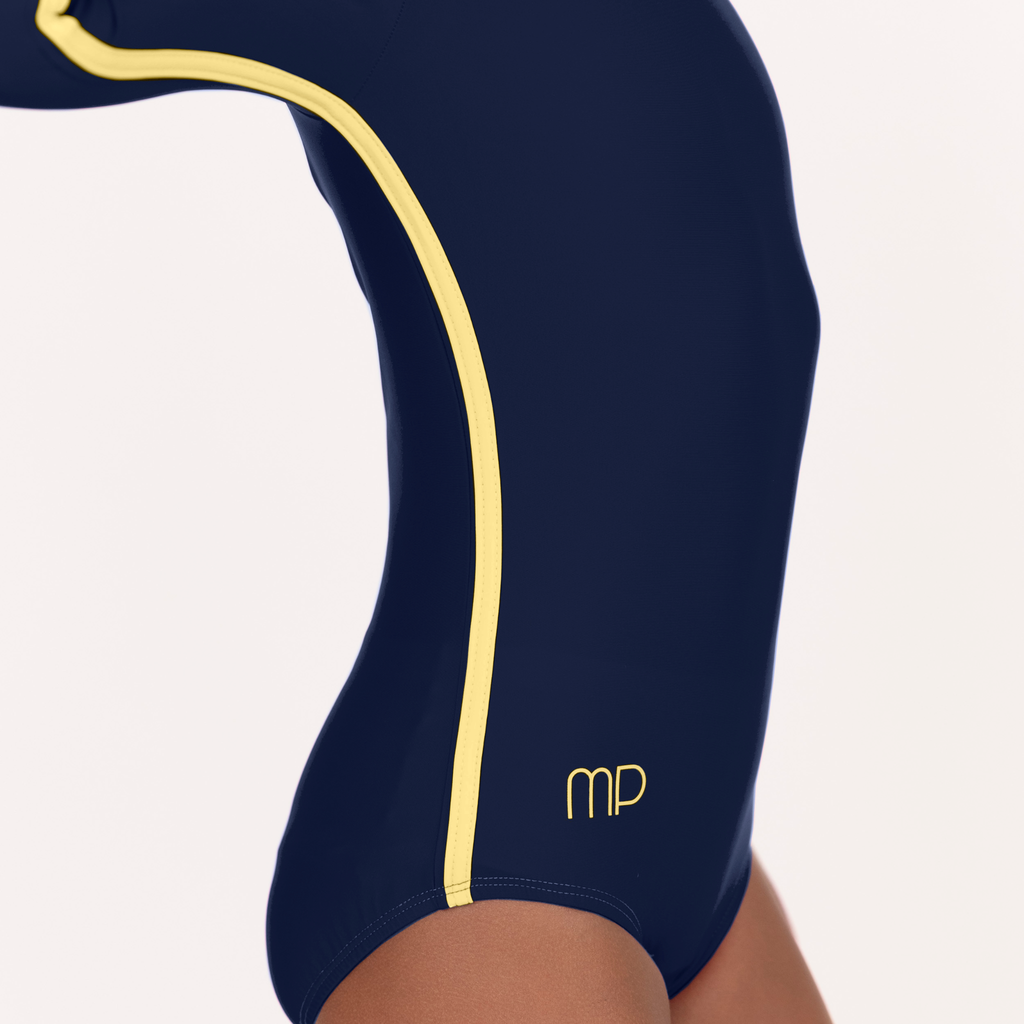 Close-up detail of the butter yellow stripe underarm.