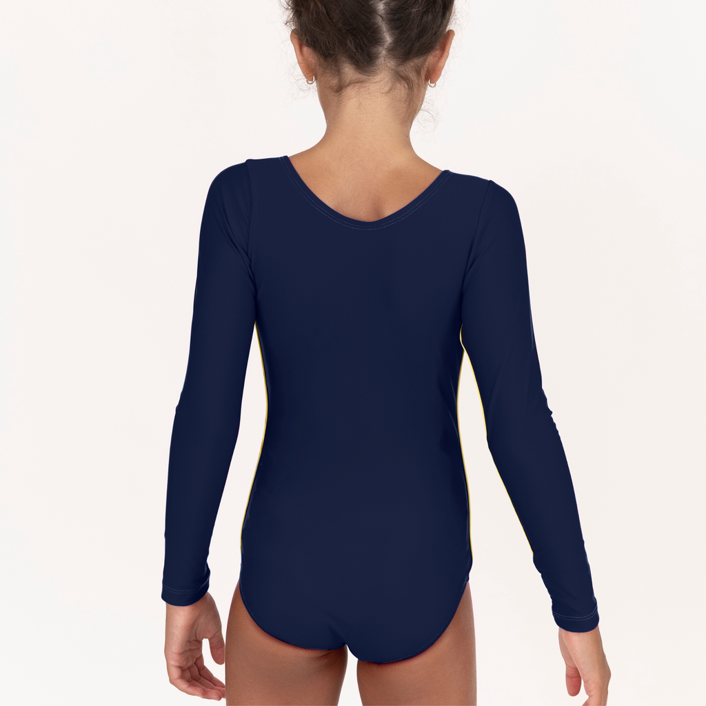 Athlete wearing a dark blue long-sleeve leotard, back view.