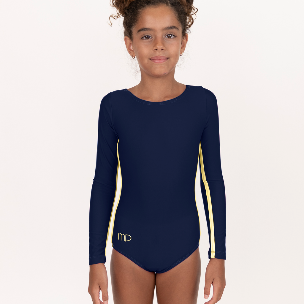 Athlete wearing a dark blue long-sleeve leotard with a butter-yellow underarm stripe, front view.