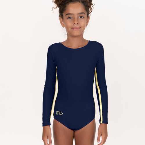 Athlete wearing a dark blue long-sleeve leotard with a butter-yellow underarm stripe, front view.