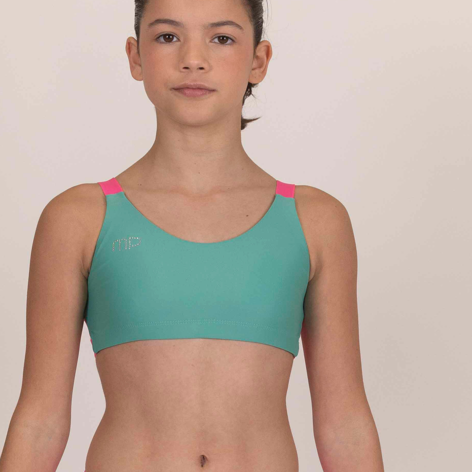 Minty Green Crop Top with Pink Tri-Line Back | Gymnastics Practice Wear