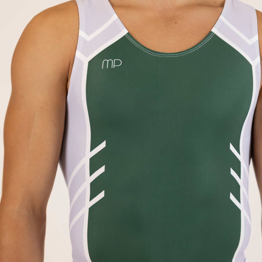 Green and Grey Arrow Pattern Boy Leotard | Gymnastics Practice