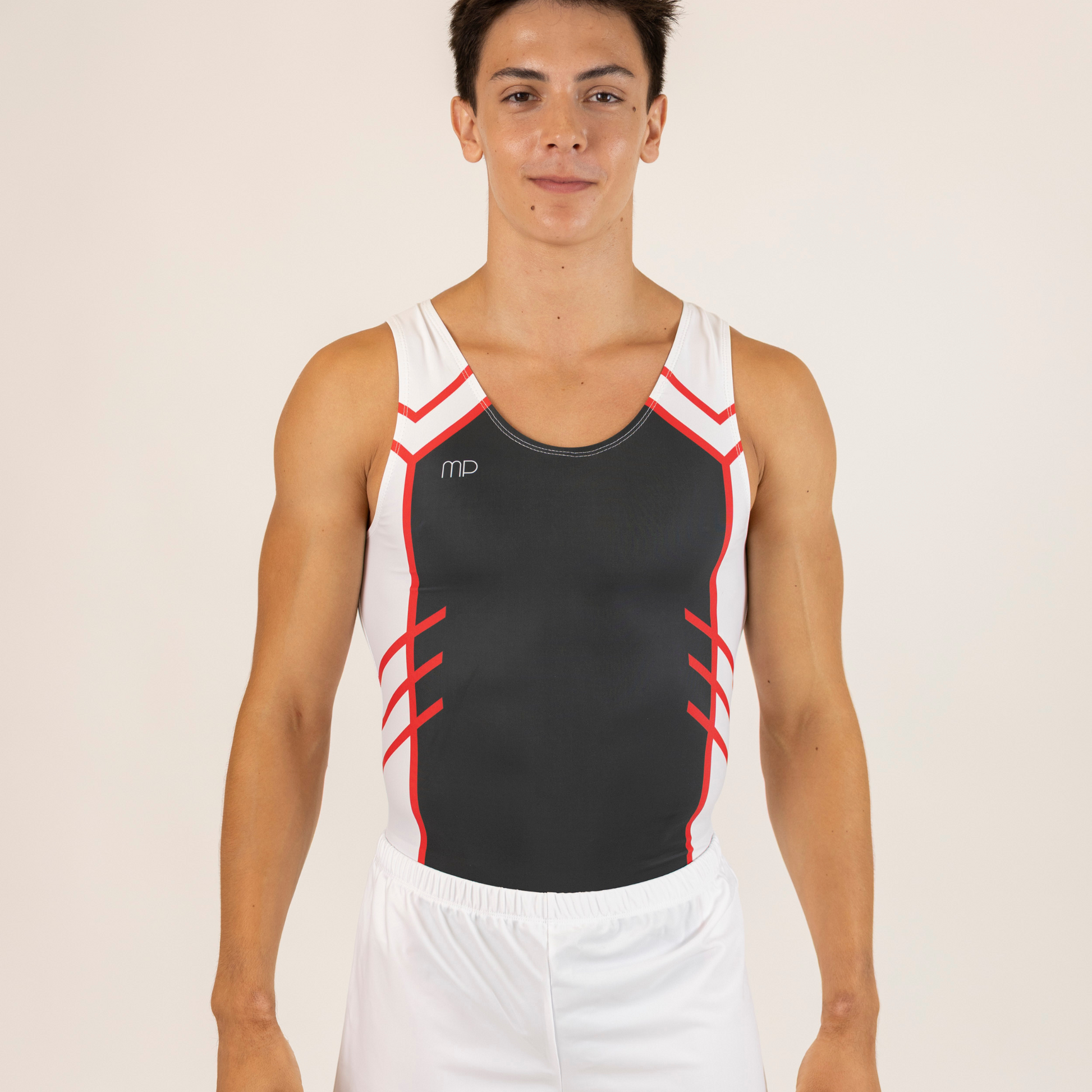 Grey and Red Arrow Pattern Boy Leotard | Gymnastics Training