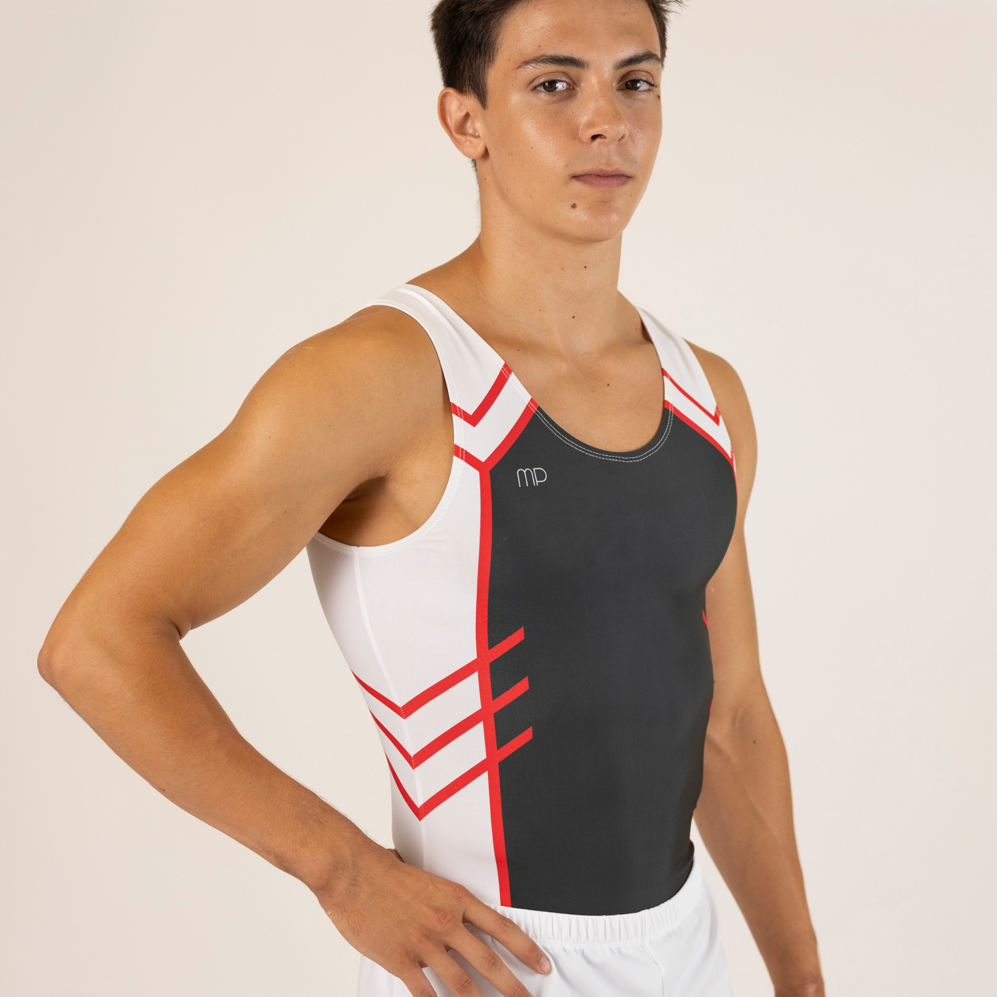 Grey and Red Arrow Pattern Boy Leotard | Gymnastics Training
