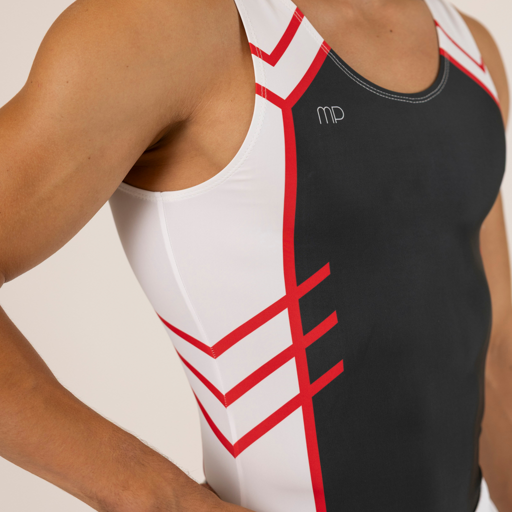 Grey and Red Arrow Pattern Boy Leotard | Gymnastics Training