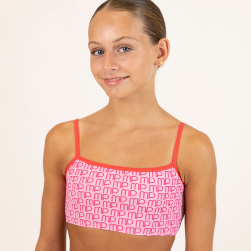 Girl wearing Pink MP Pattern Crop Top in abeige background