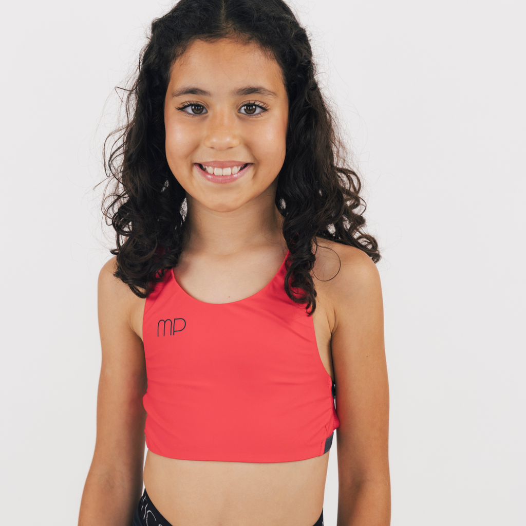 Red Open Back Top and Grey Elastics for gymnastics