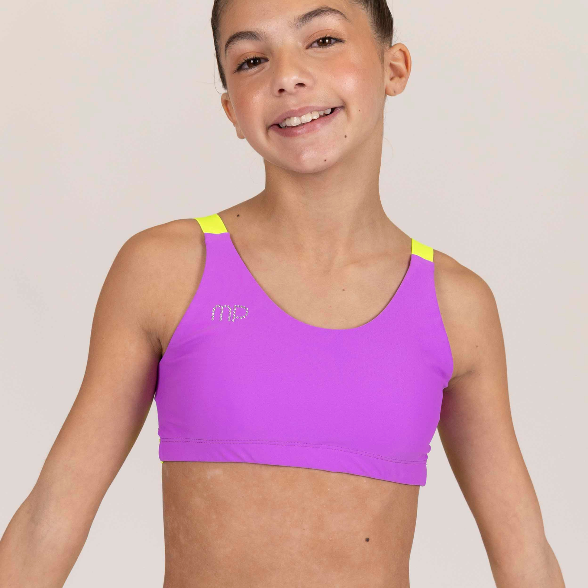 Violet Crop Top with Yellow Tri-line Back | Confident Performance