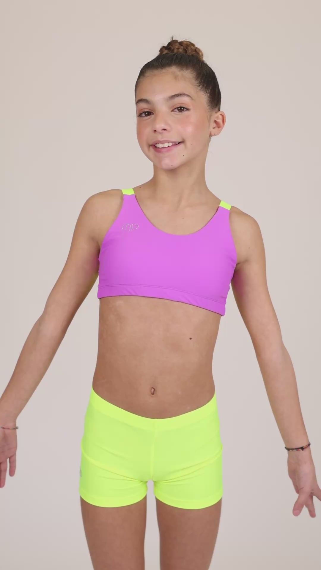 Violet Crop Top with Yellow Tri-line Back | Confident Performance